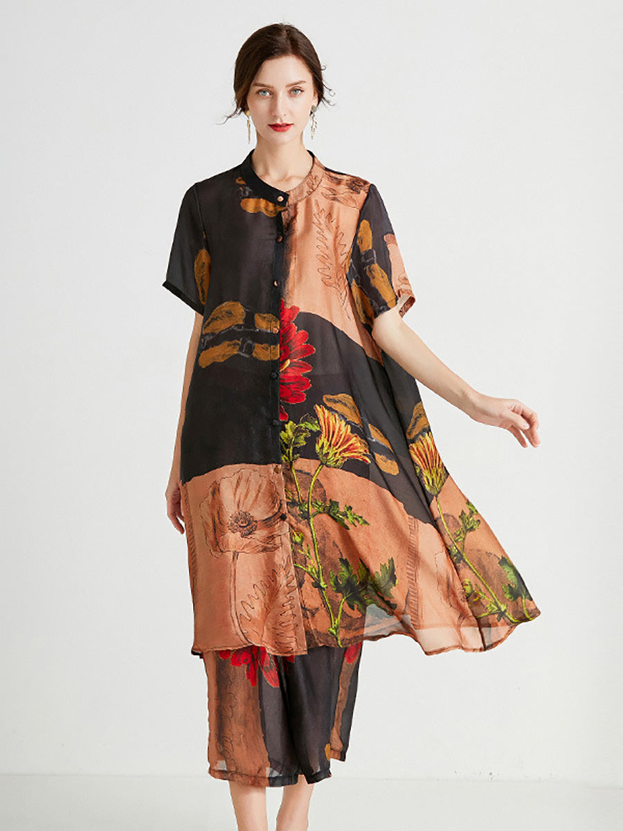 Übergröße Damen Artsy Flower Spliced ​​Langes Hemd + Hose