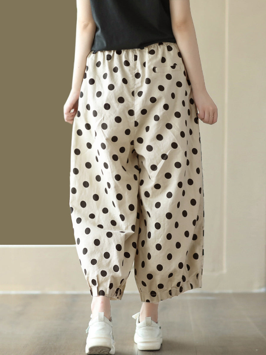 Übergröße Damen Vintage Dot geraffte Hose aus Leinen mit weitem Bein und Kordelzug