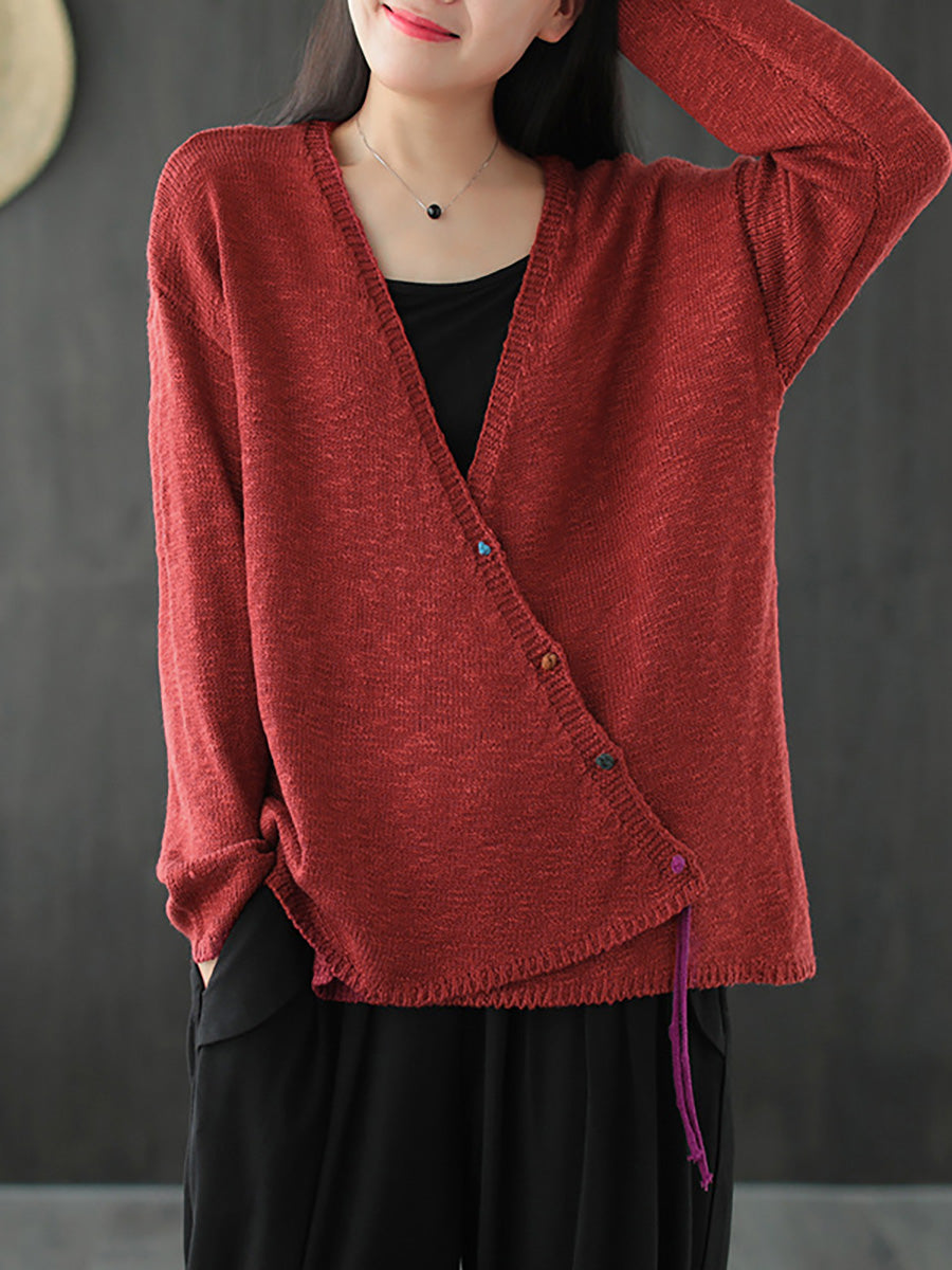 Übergröße - Gestrickter Retro-Pullovermantel mit V-Ausschnitt für Damen in reiner Farbe