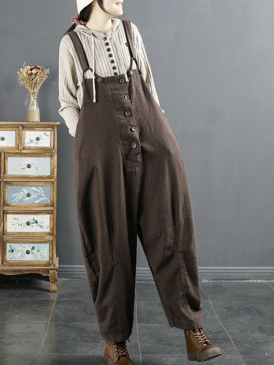 Plus Size Damen Vintage Einfarbiger Lockerer Overall aus Leinen