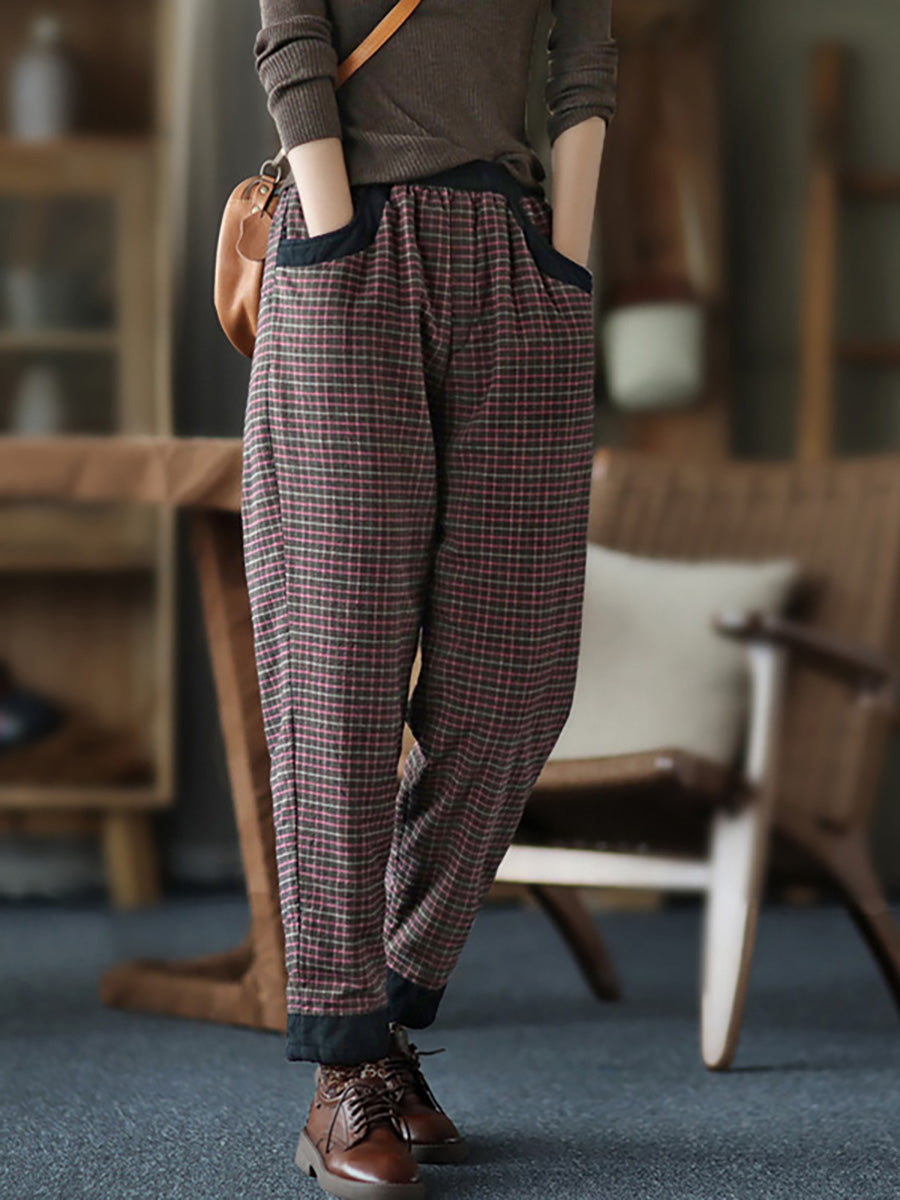 Übergröße Damenhose aus Baumwollleinen mit Karomuster und elastischer Taille