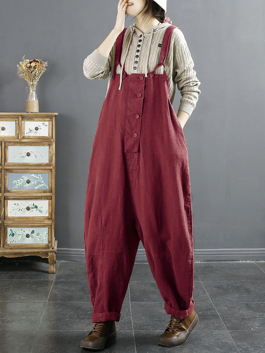 Plus Size Damen Vintage Einfarbiger Lockerer Overall aus Leinen