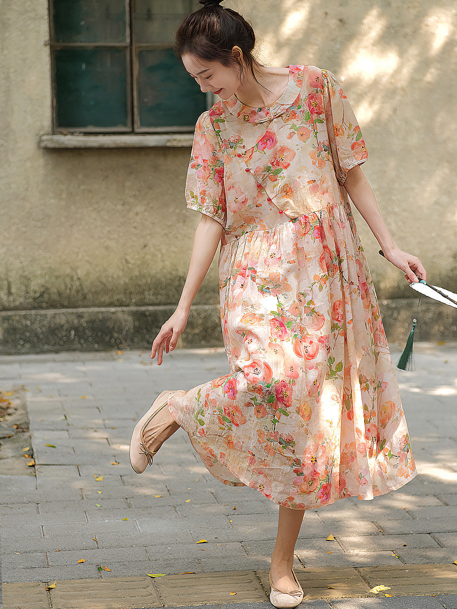 Übergröße Damen Vintage Sommer Blumen Knopf Lockeres Ramie Kleid