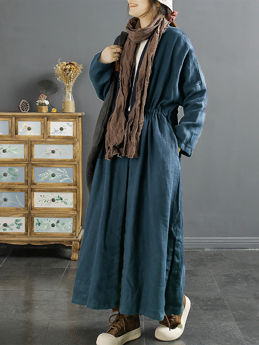 Übergröße Damen Vintage Kordelzug langer Leinenmantel