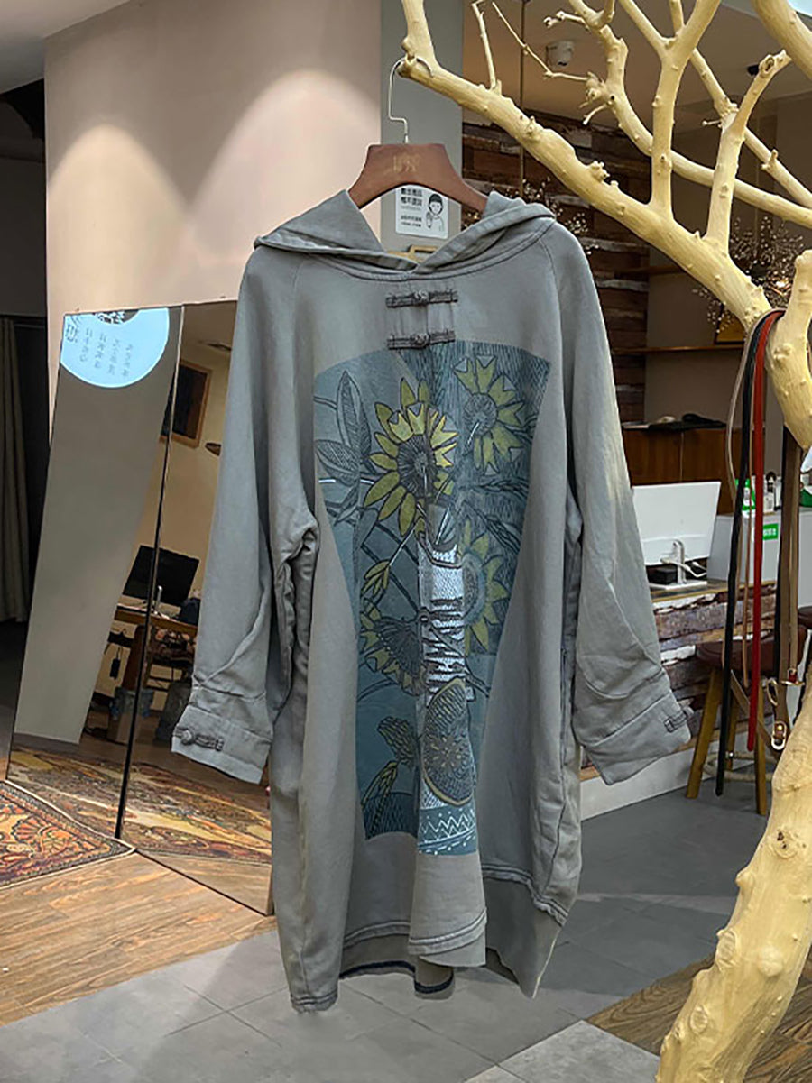 Übergröße Damen Vintage Blumen Kapuzenpullover Lang