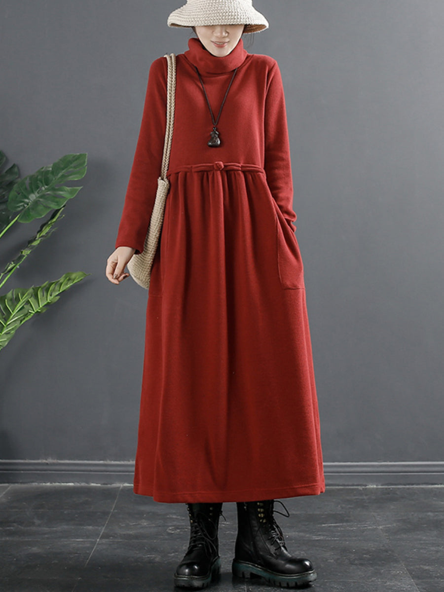 Übergröße Damen Reine Farbe Rollkragen Drapiertes langes Kleid