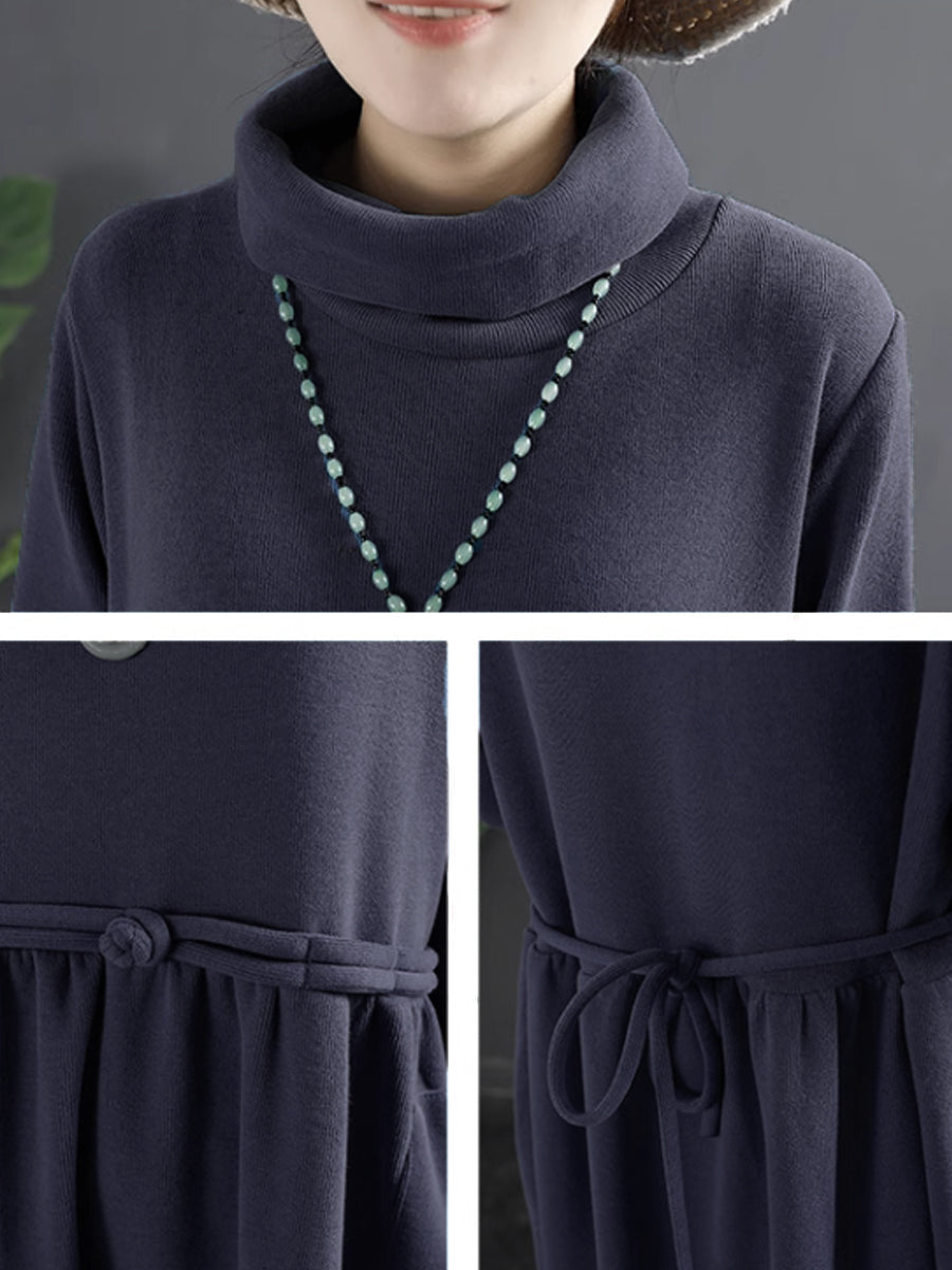 Übergröße Damen Reine Farbe Rollkragen Drapiertes langes Kleid