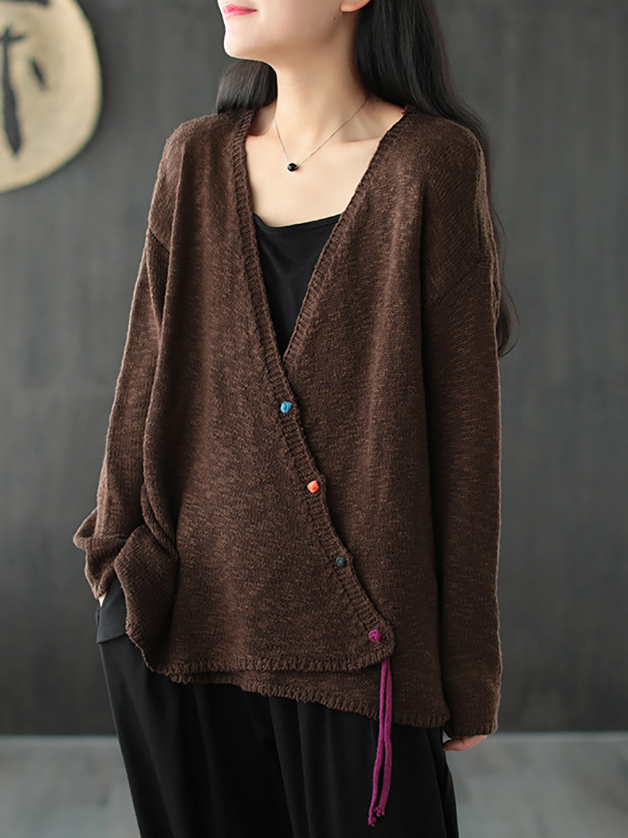 Übergröße - Gestrickter Retro-Pullovermantel mit V-Ausschnitt für Damen in reiner Farbe