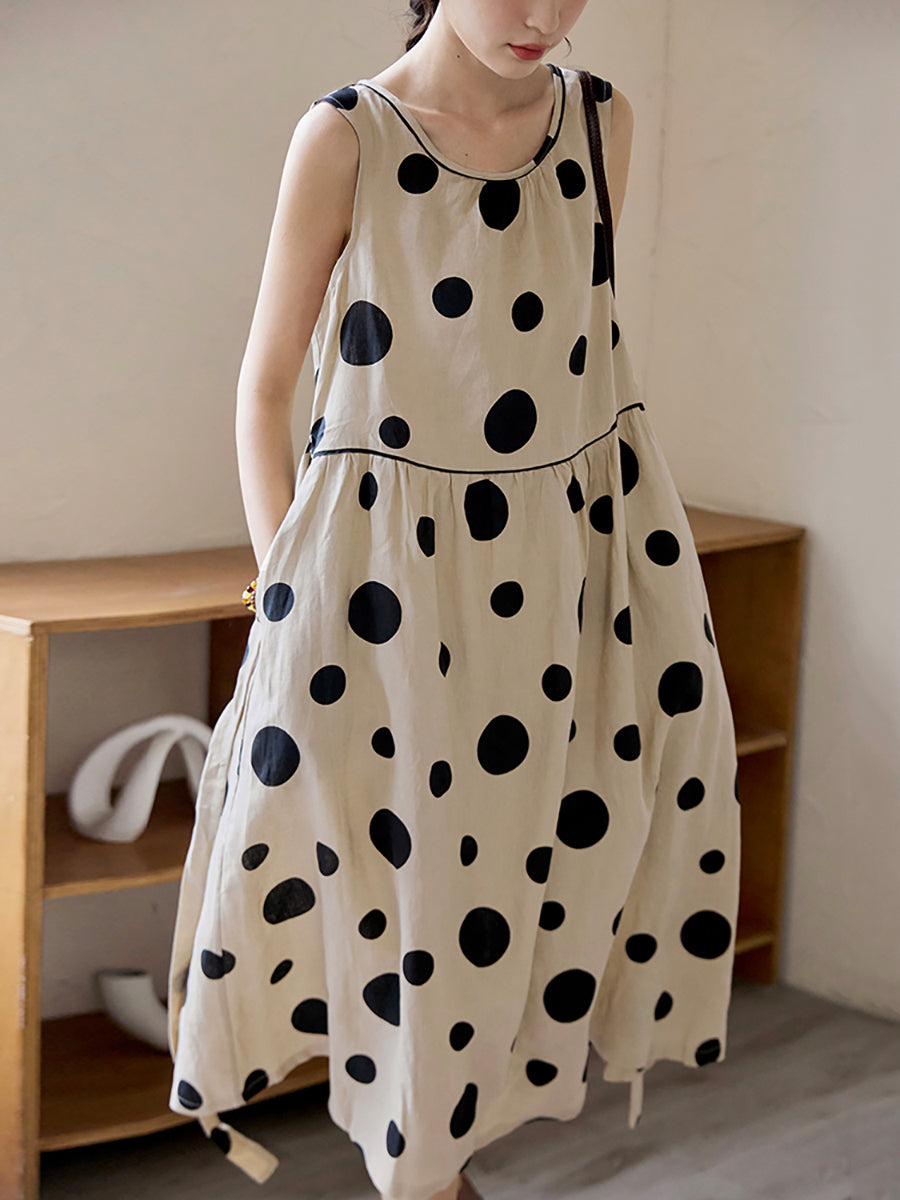 Übergröße Damen Sommer Casual Dot Kordelzug Leinen Weste Kleid
