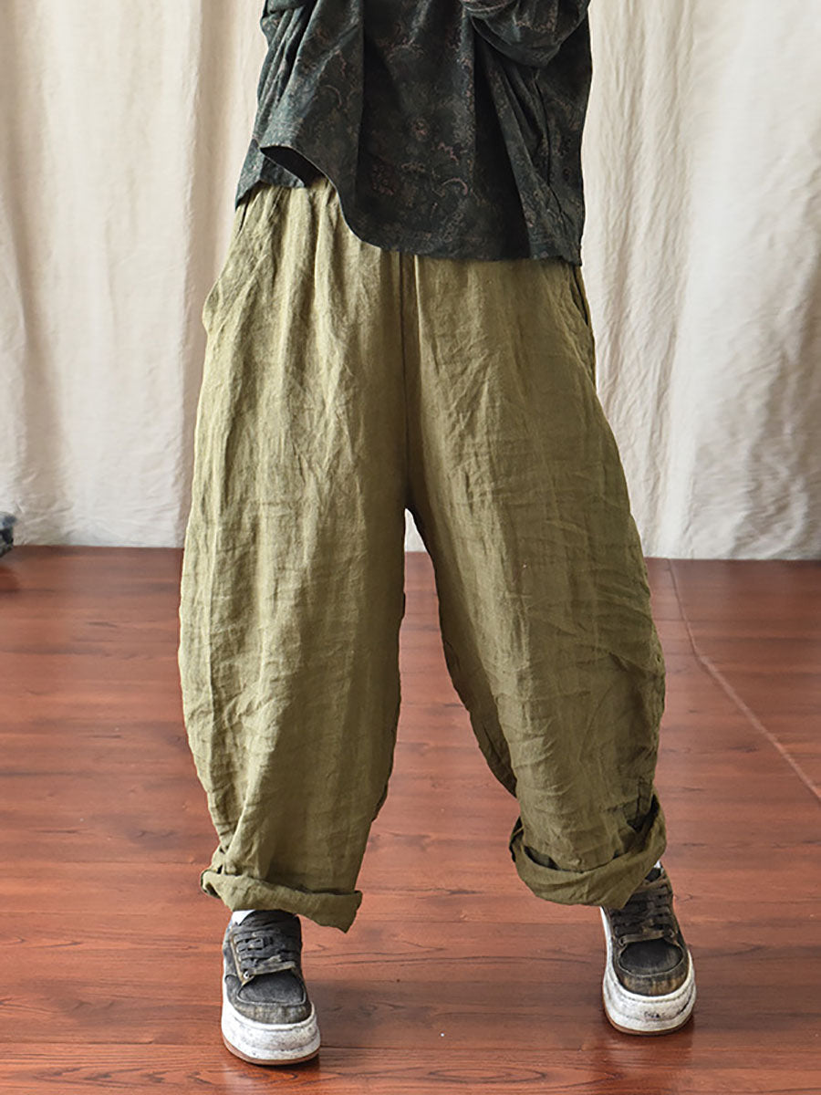 Übergröße Damen Casual Solid Loose Elastic Waist Leinenhose