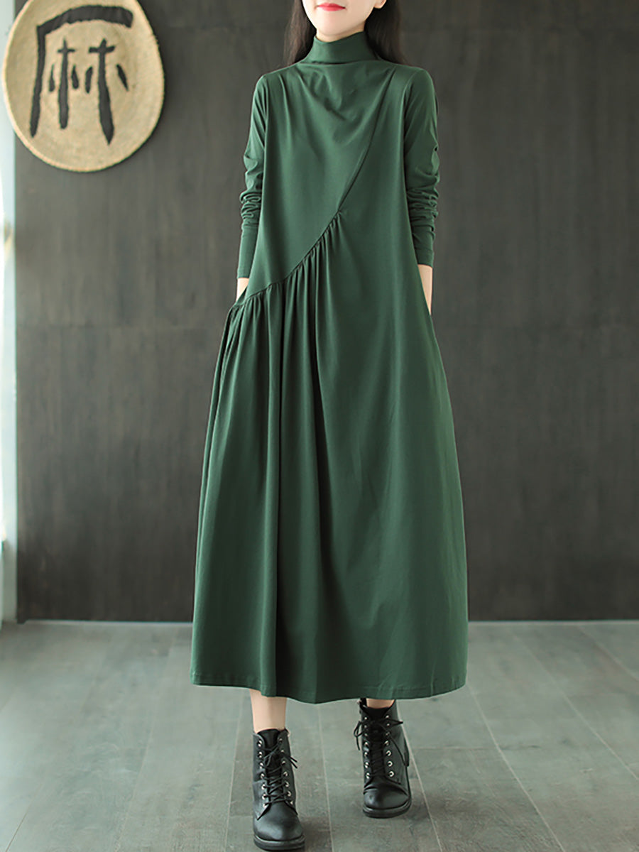 Große Größen - Einfarbiges, drapiertes Kleid mit hohem Ausschnitt