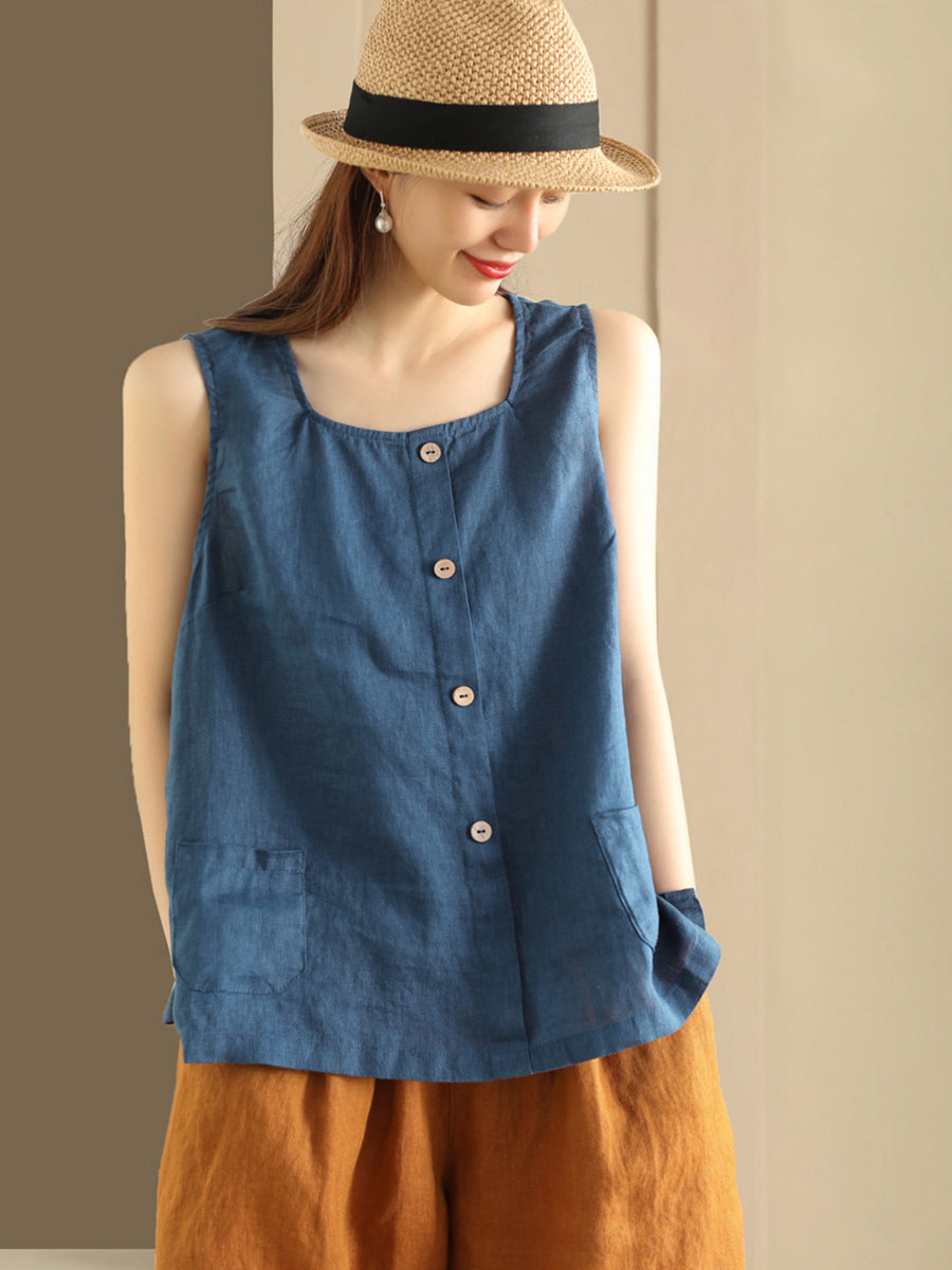 Plus Size Damen Sommer Weste mit loser Knopfleiste und Tasche aus 100% Leinen