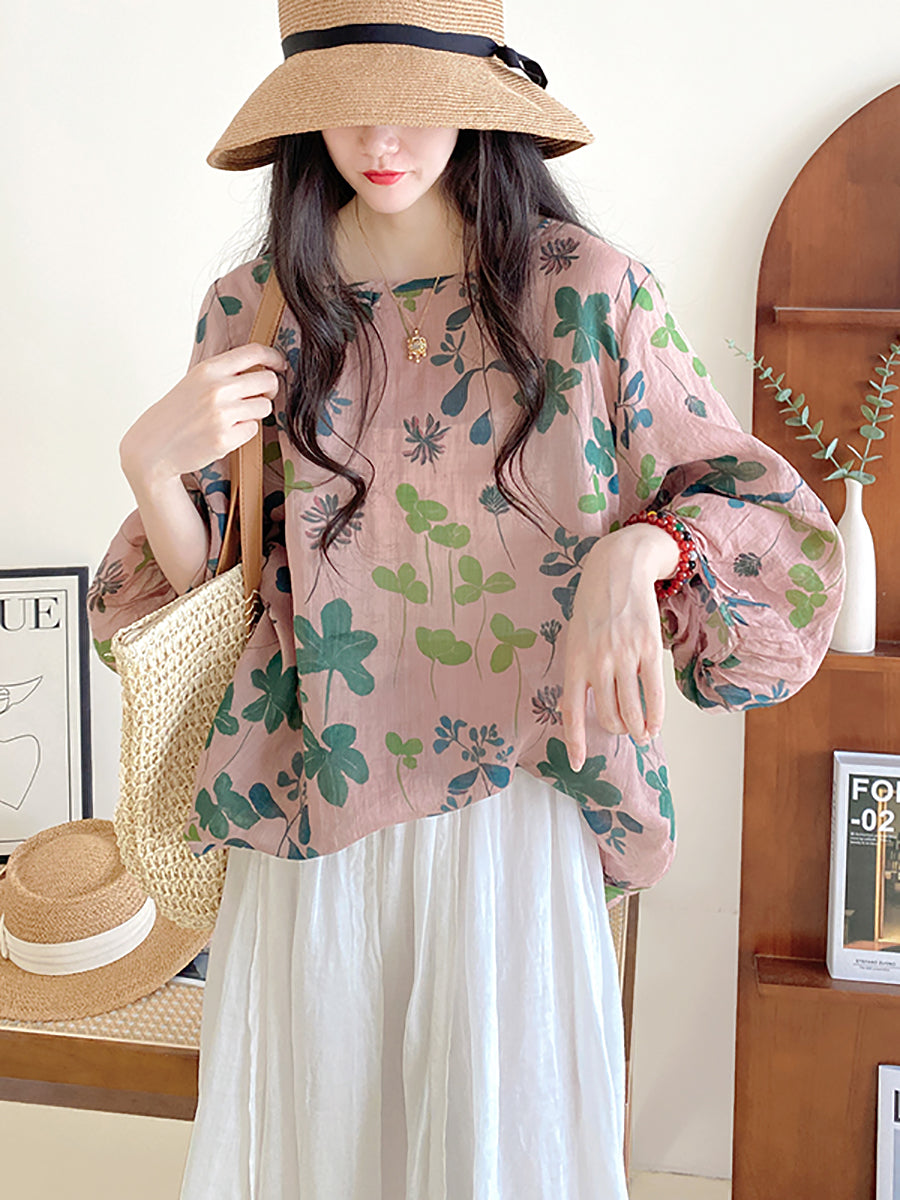 Übergröße Damen Sommer Artsy Flower Lockeres O-Ausschnitt Hemd