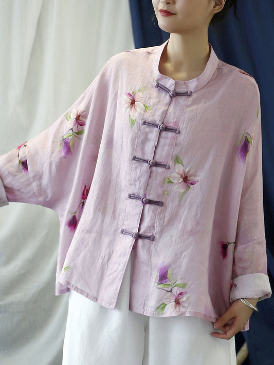 Übergröße Damen Vintage Blumen Rosa Frühling Ramie Hemd Mantel