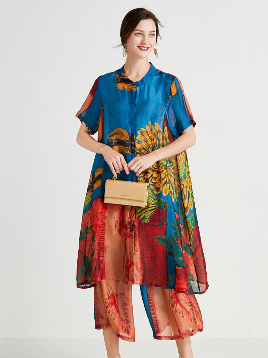 Übergröße Damen Artsy Flower Spliced ​​Langes Hemd + Hose