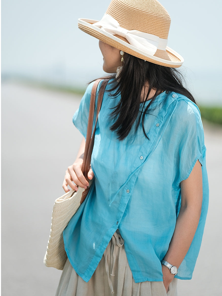 Übergröße Damen Vintage Sommer O-Ausschnitt Knopf Ramie Hemd