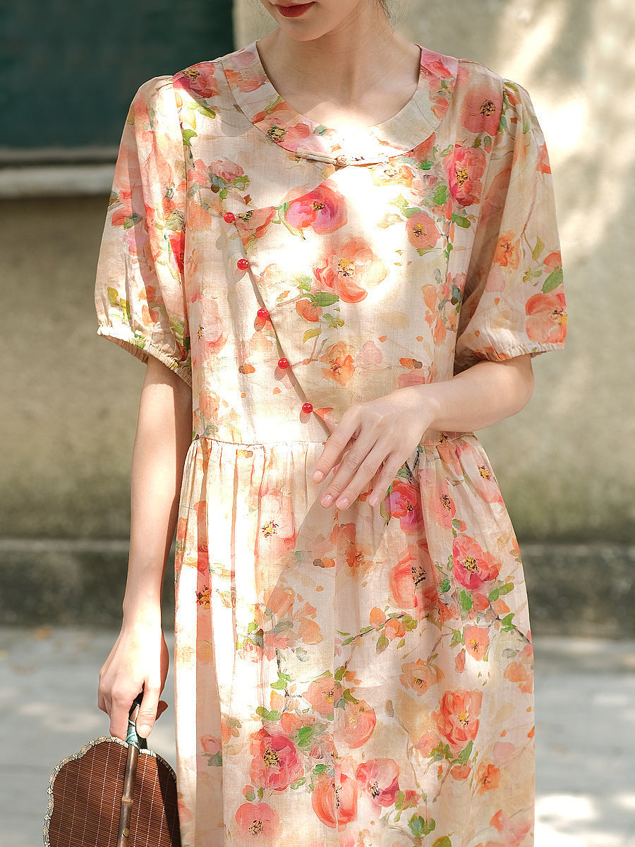 Übergröße Damen Vintage Sommer Blumen Knopf Lockeres Ramie Kleid