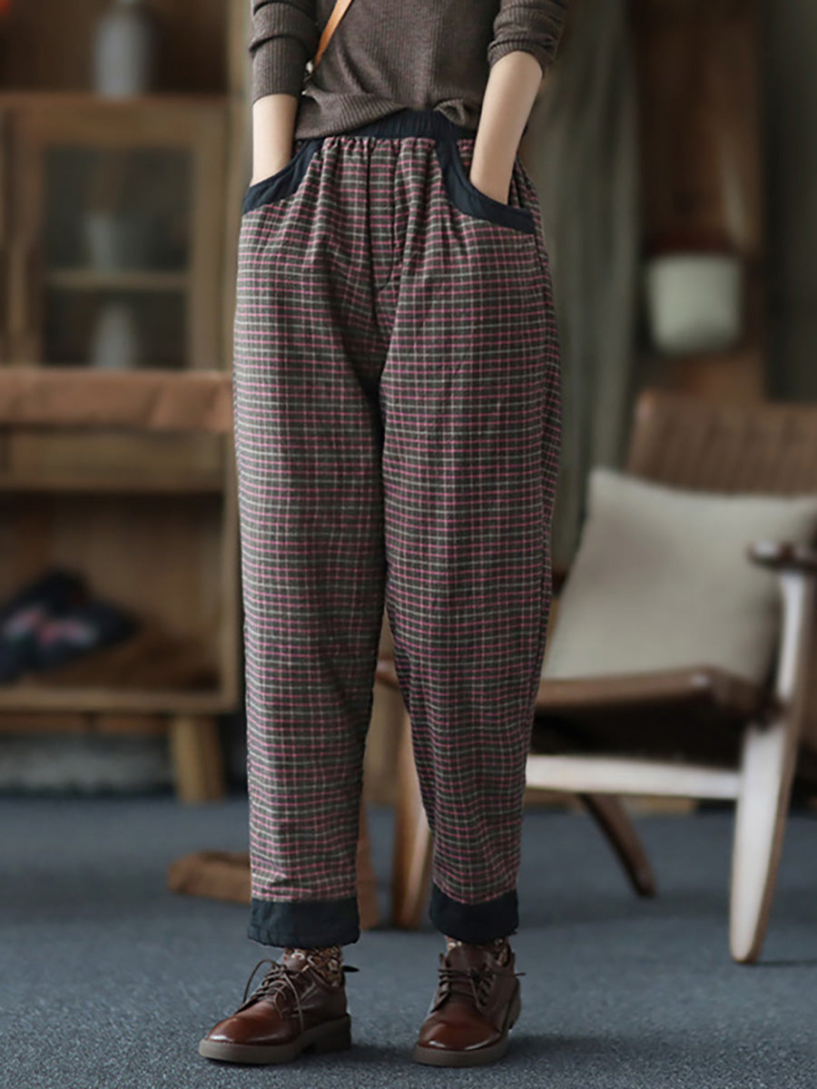 Übergröße Damenhose aus Baumwollleinen mit Karomuster und elastischer Taille