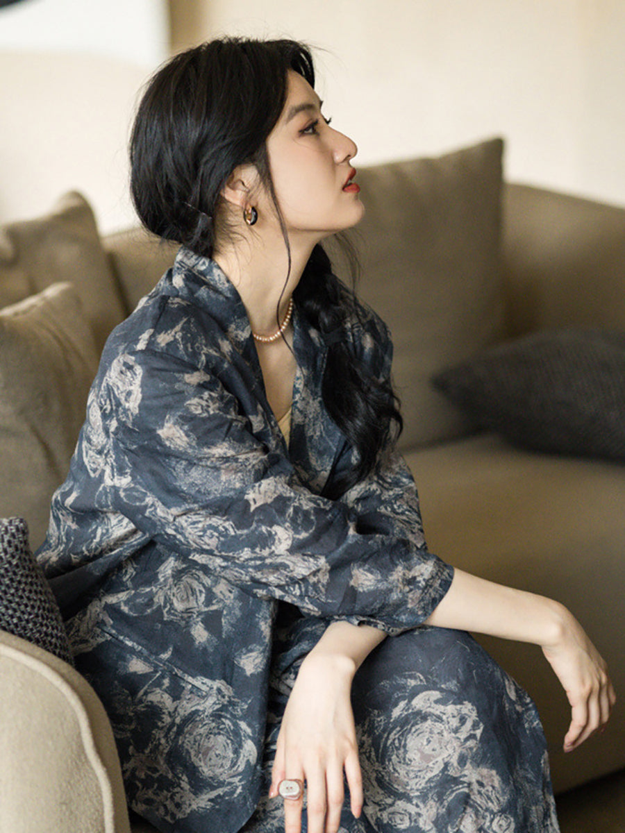 Übergröße Damen Sommer Vintage Print Dünne Ramie Jacke