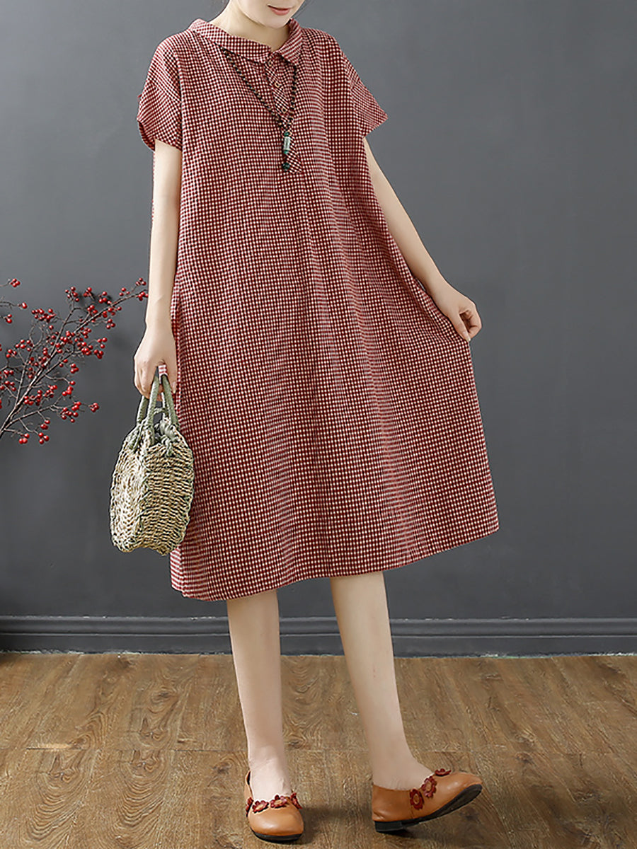 Plus Size Damen Sommer Retro Gitterknopf Polokragen Lockeres Kleid