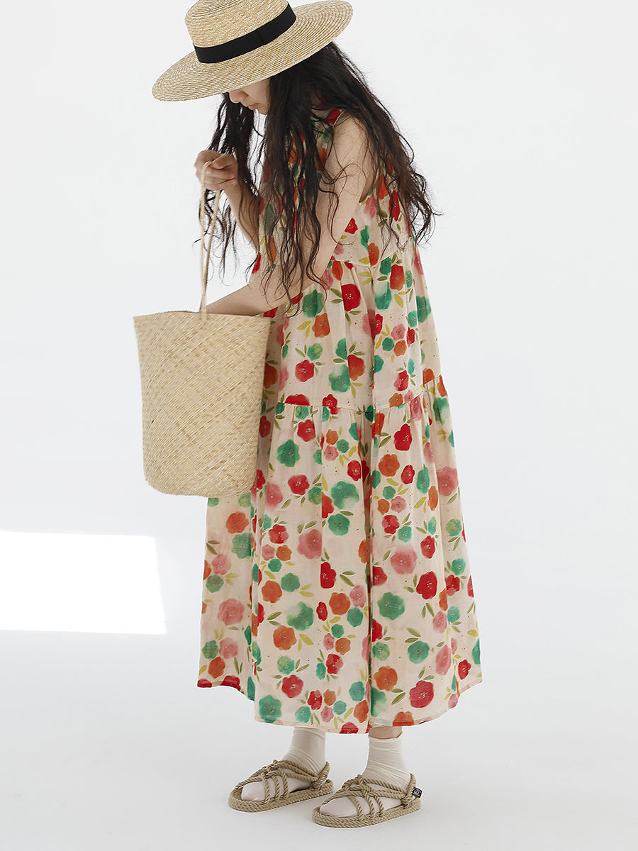 Plus Size Damen Sommer süßes Blumenmuster gespleißtes Falten-Westenkleid mit O-Ausschnitt