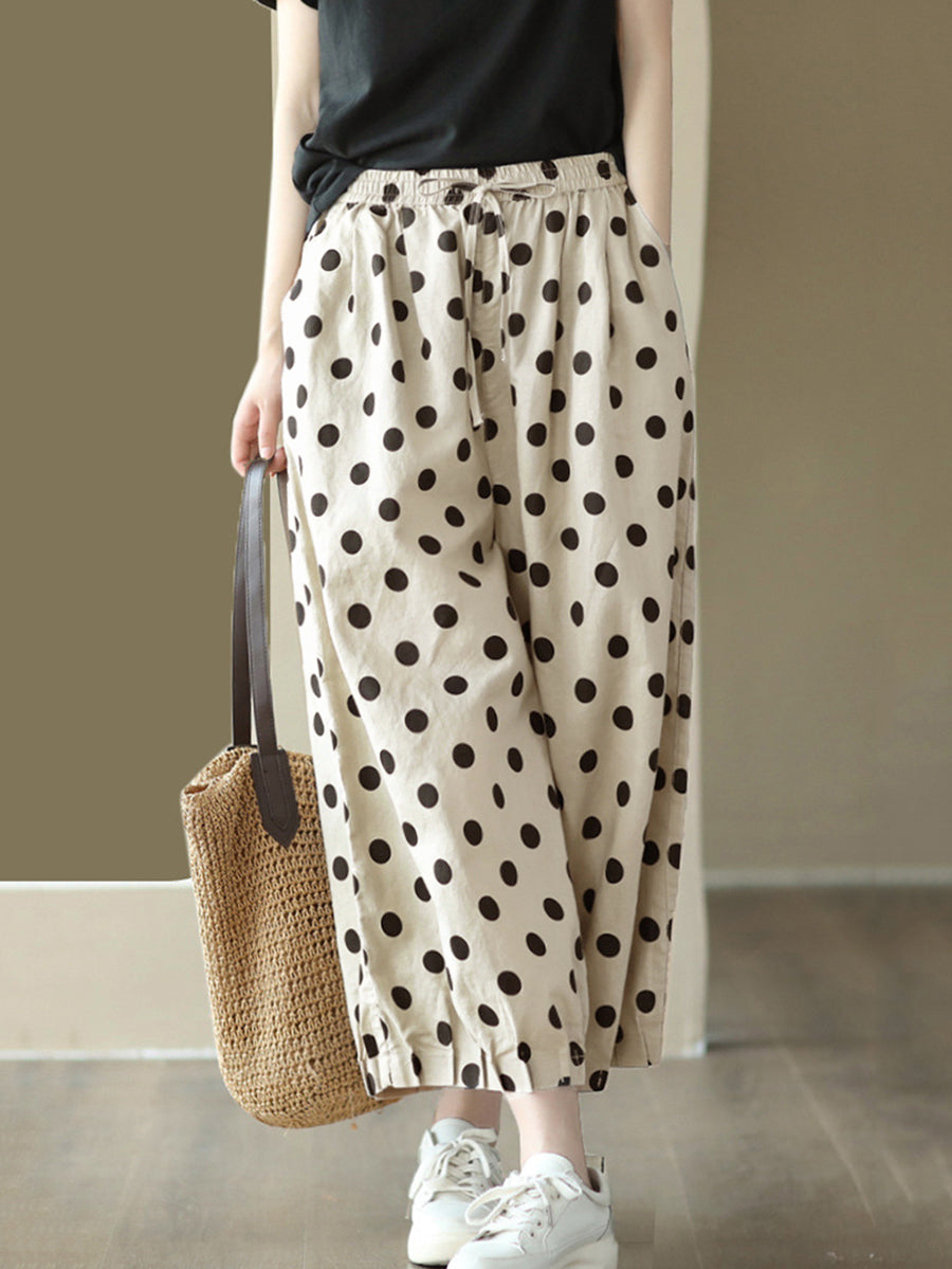 Übergröße Damen Vintage Dot geraffte Hose aus Leinen mit weitem Bein und Kordelzug