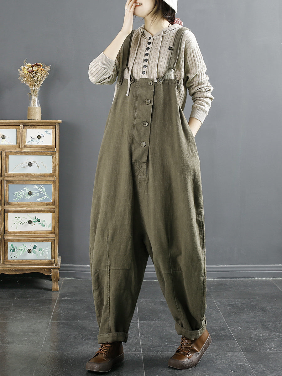 Plus Size Damen Vintage Einfarbiger Lockerer Overall aus Leinen