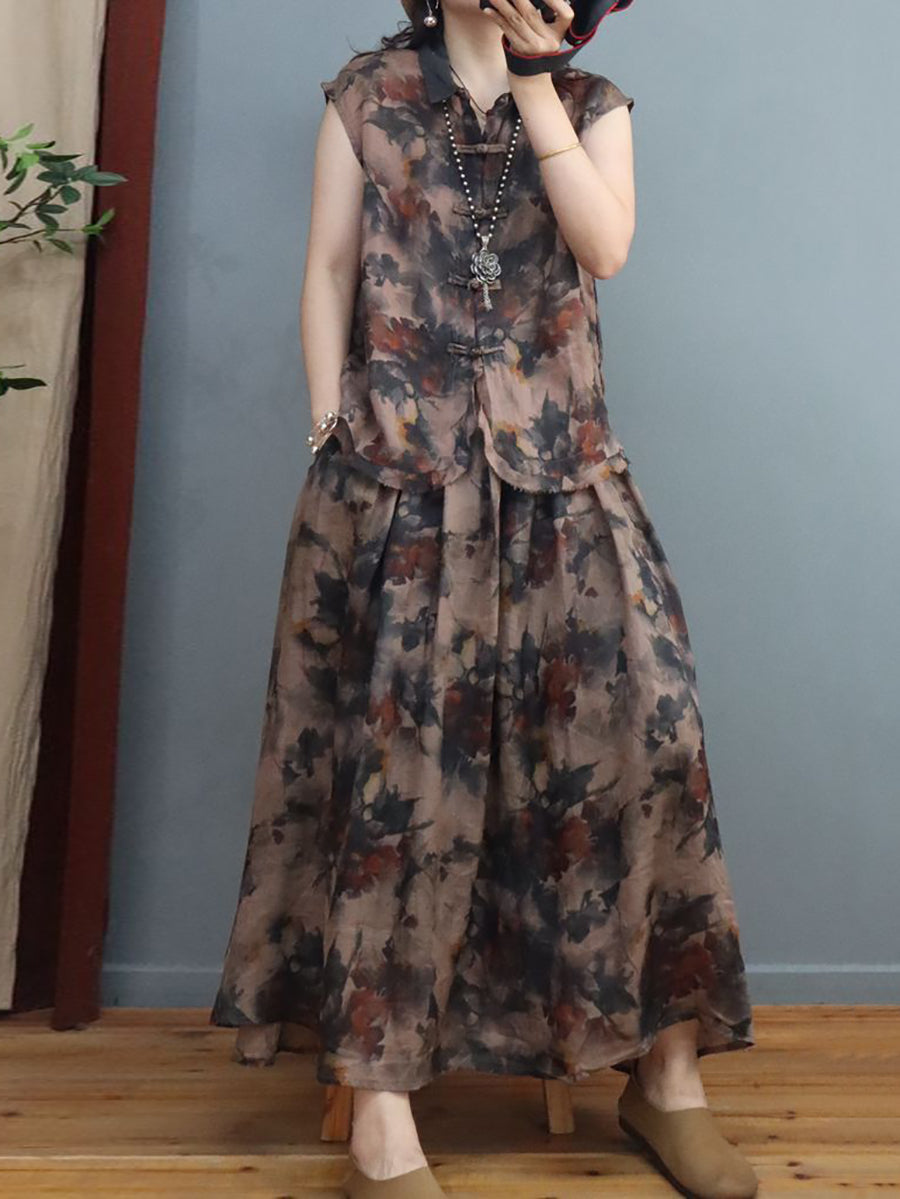 Plus Size Damen Sommer Leinenhemd/-rock im chinesischen Stil mit Tintenblumen-Froschmotiv
