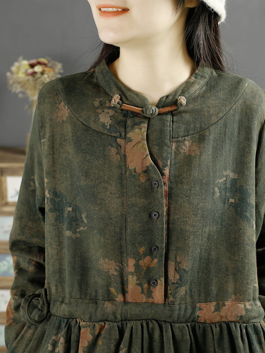 Übergröße Damen Herbst Vintage Blatt Druck Baumwollkleid