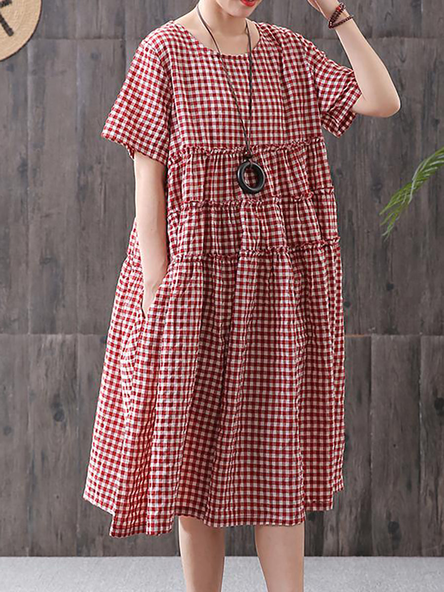 Übergröße, 100 % Baumwolle, kurzärmliges kariertes Kleid