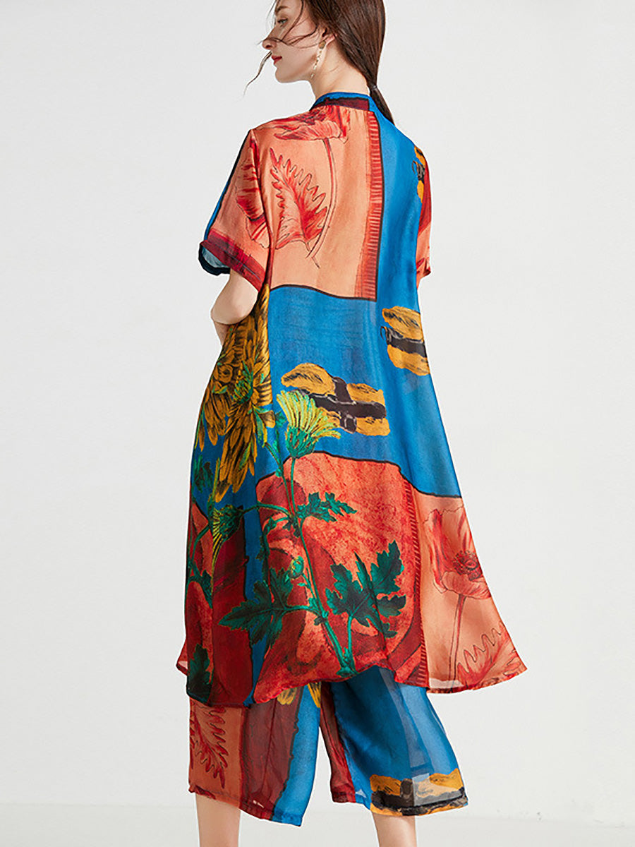 Übergröße Damen Artsy Flower Spliced ​​Langes Hemd + Hose