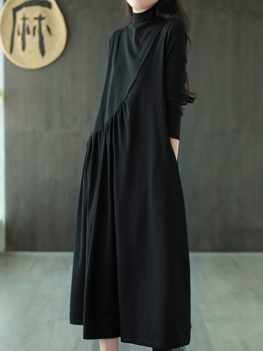 Große Größen - Einfarbiges, drapiertes Kleid mit hohem Ausschnitt