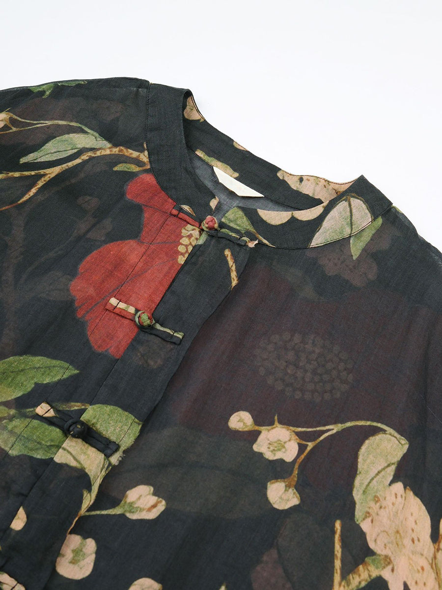 Übergröße Damen Vintage Blumendruck Ramie Frühling Longshirt