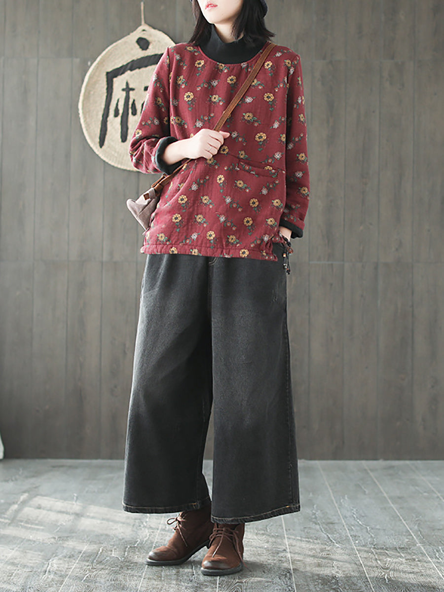Plus Size Vintage Blumen Halbhoher Kragen Gespleißtes Baumwollhemd