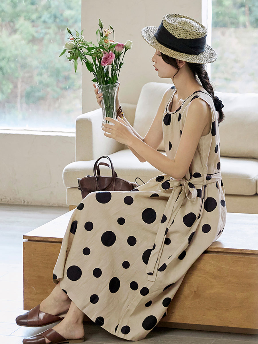 Übergröße Damen Sommer Casual Dot Kordelzug Leinen Weste Kleid