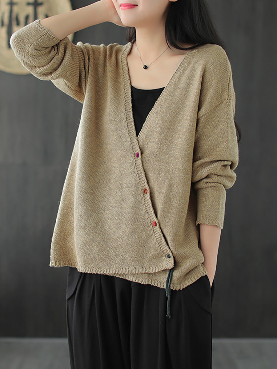 Übergröße - Gestrickter Retro-Pullovermantel mit V-Ausschnitt für Damen in reiner Farbe
