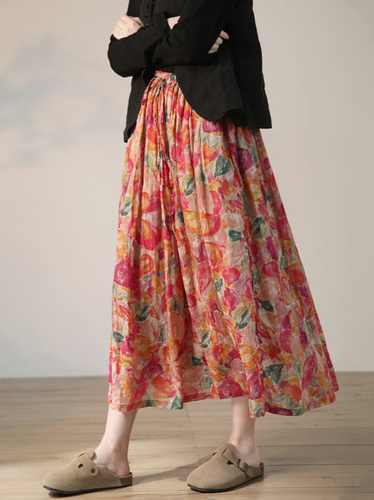 Jupe d'été en ramie à cordon de serrage et motif floral artistique pour femmes de grande taille