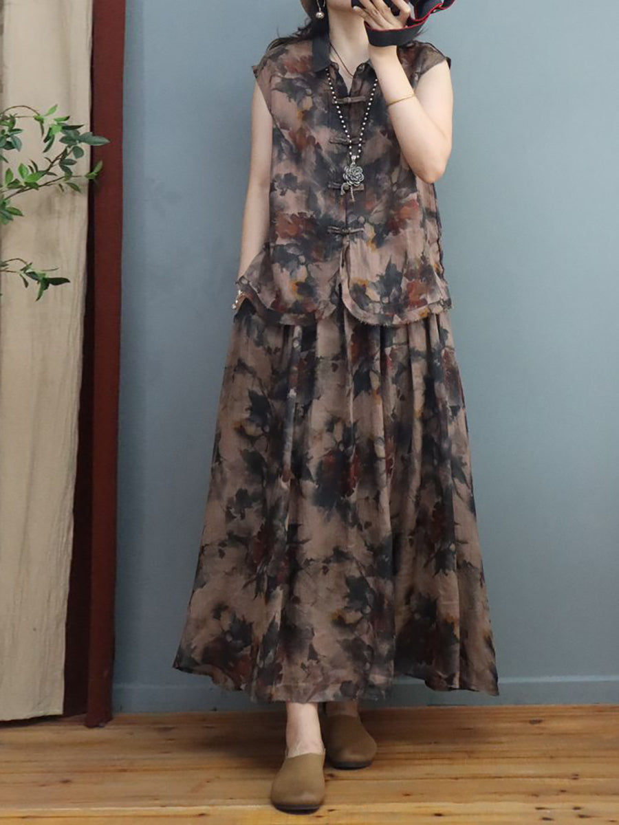 Plus Size Damen Sommer Leinenhemd/-rock im chinesischen Stil mit Tintenblumen-Froschmotiv
