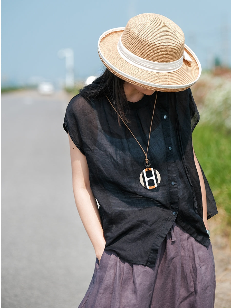 Übergröße Damen Vintage Sommer O-Ausschnitt Knopf Ramie Hemd