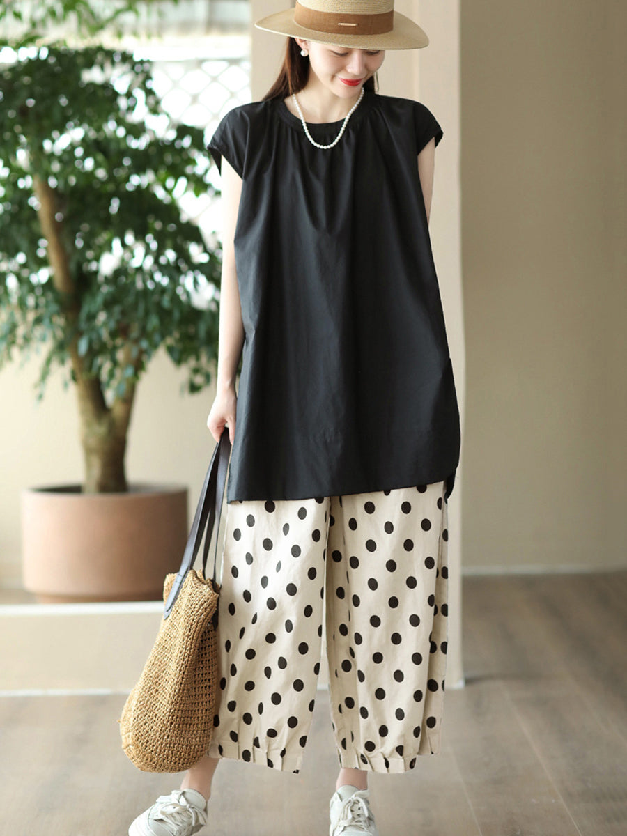 Übergröße Damen Vintage Dot geraffte Hose aus Leinen mit weitem Bein und Kordelzug