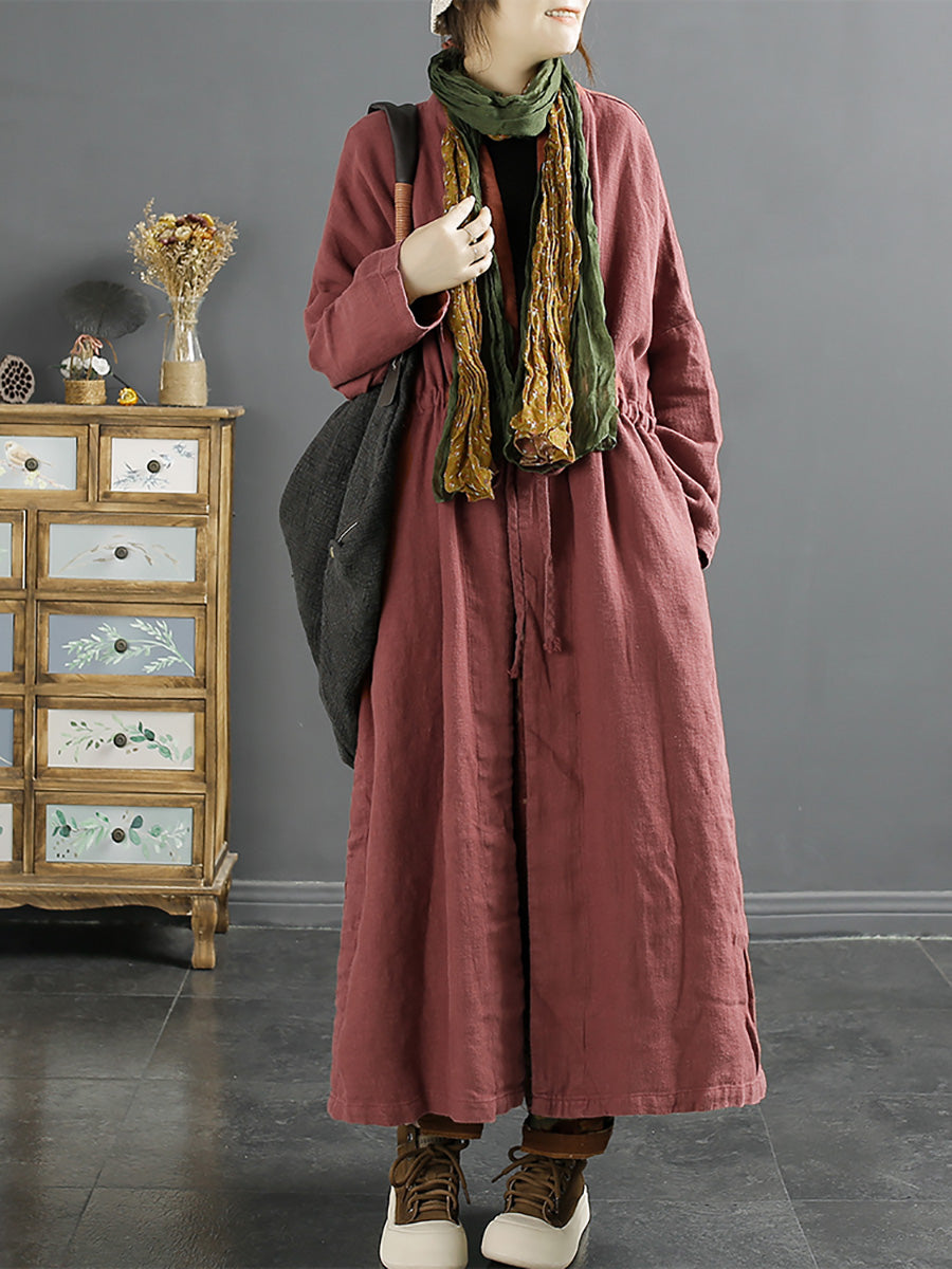 Übergröße Damen Vintage Kordelzug langer Leinenmantel