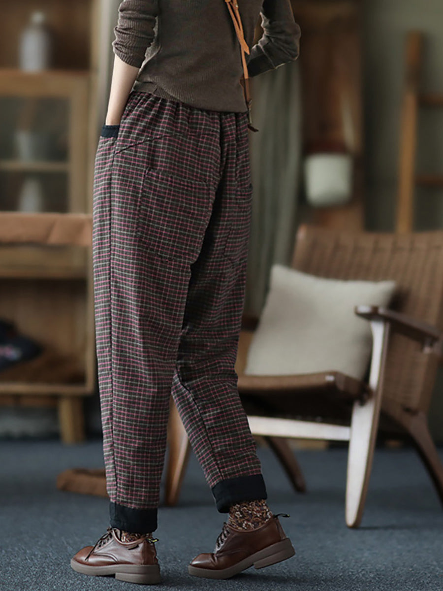 Übergröße Damenhose aus Baumwollleinen mit Karomuster und elastischer Taille