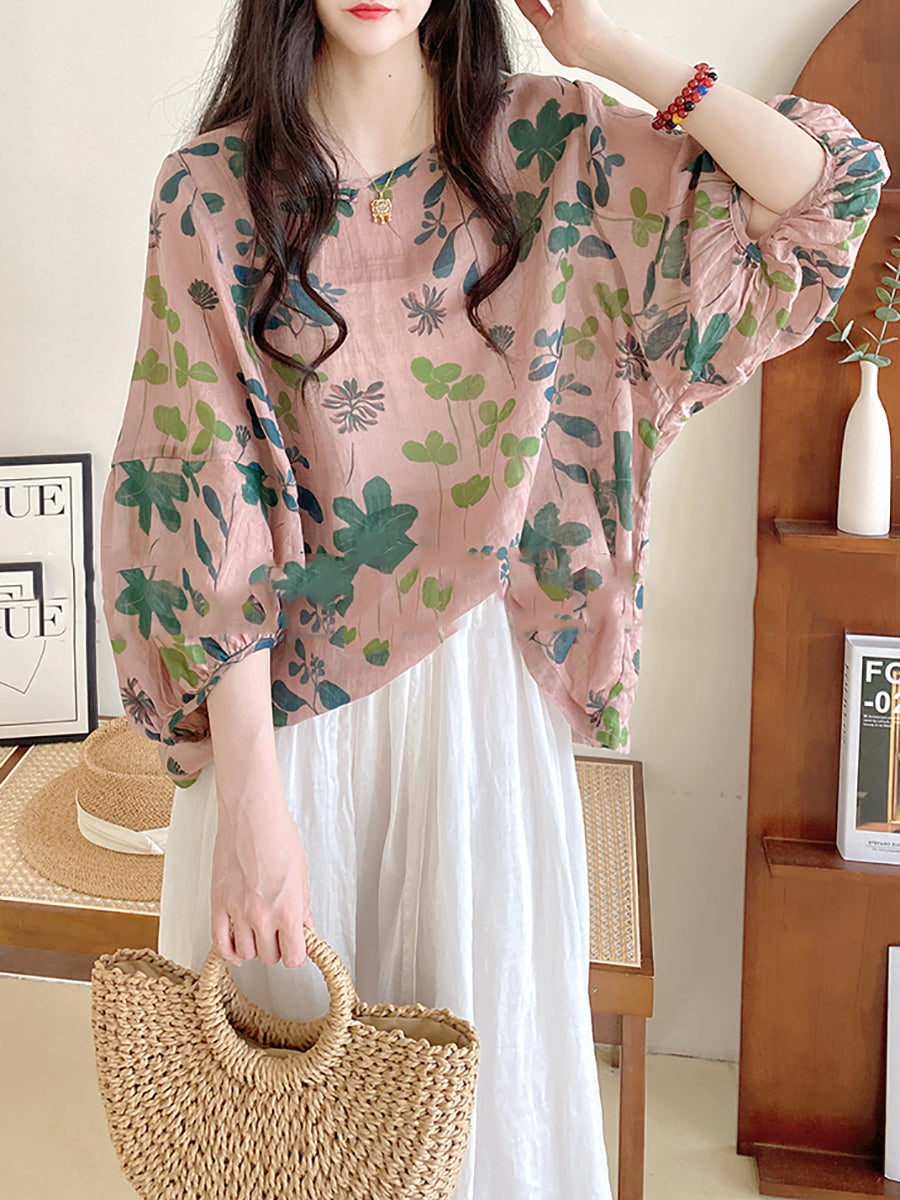 Übergröße Damen Sommer Artsy Flower Lockeres O-Ausschnitt Hemd