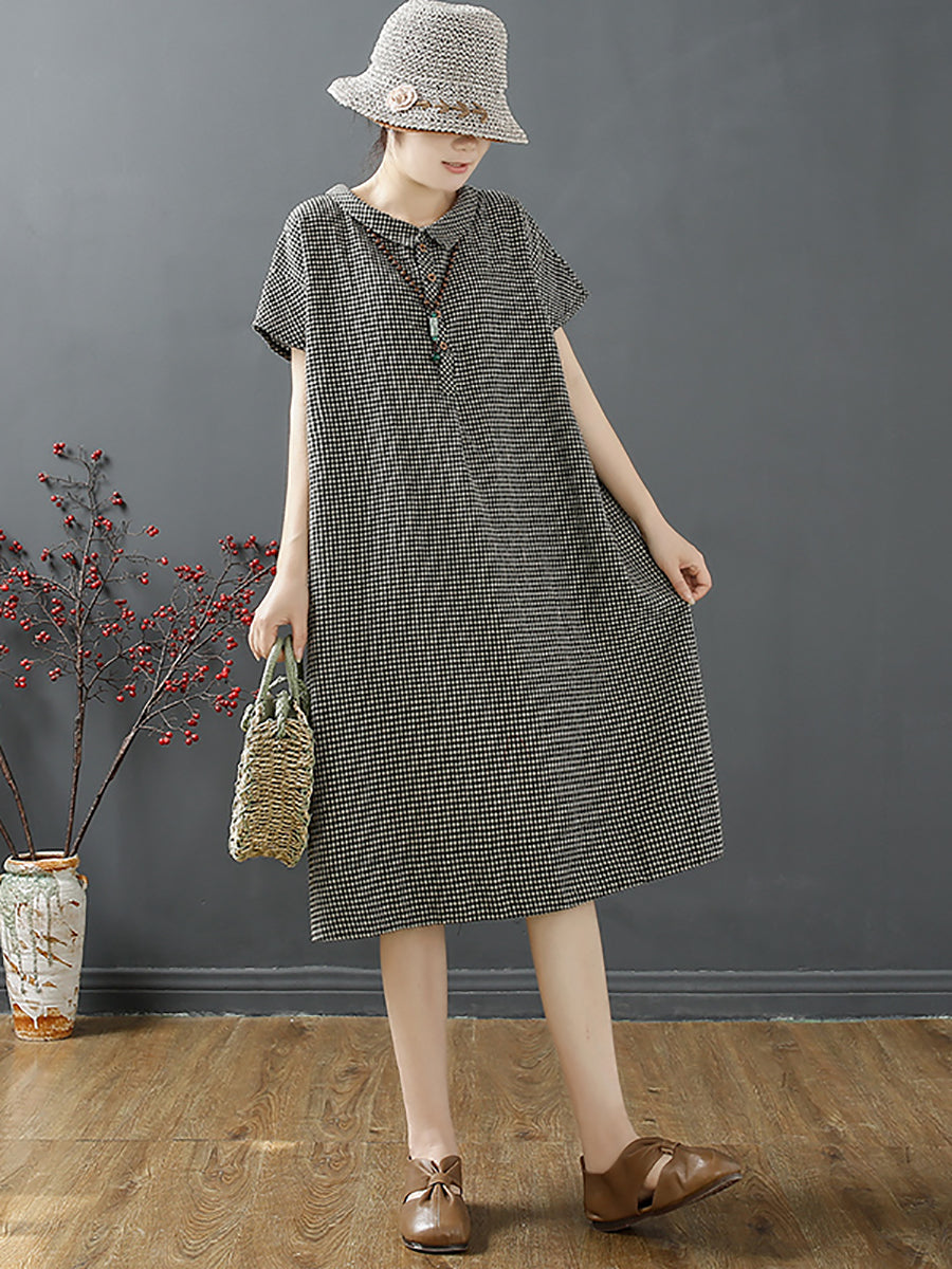 Plus Size Damen Sommer Retro Gitterknopf Polokragen Lockeres Kleid