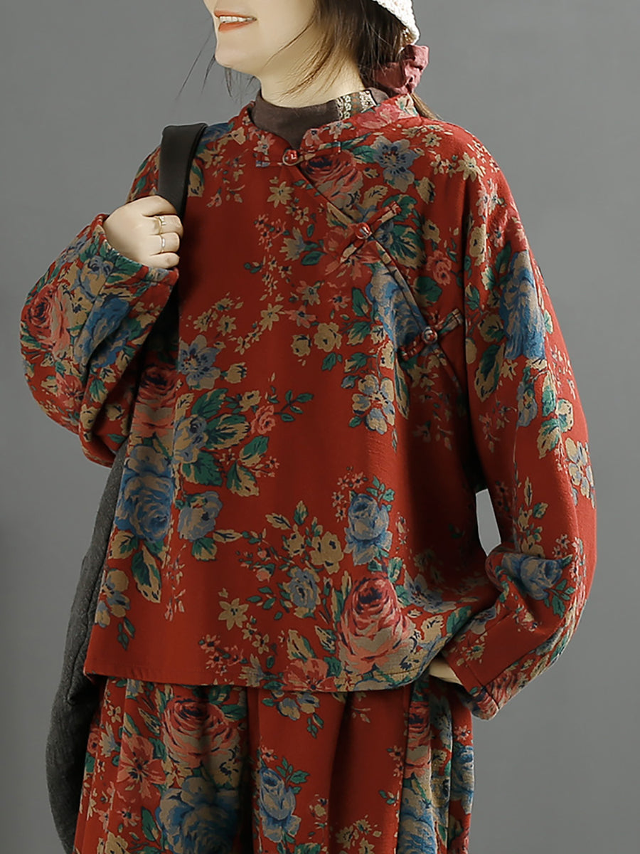Übergröße Damen Ethno Blumen Lose Schräge Bluse