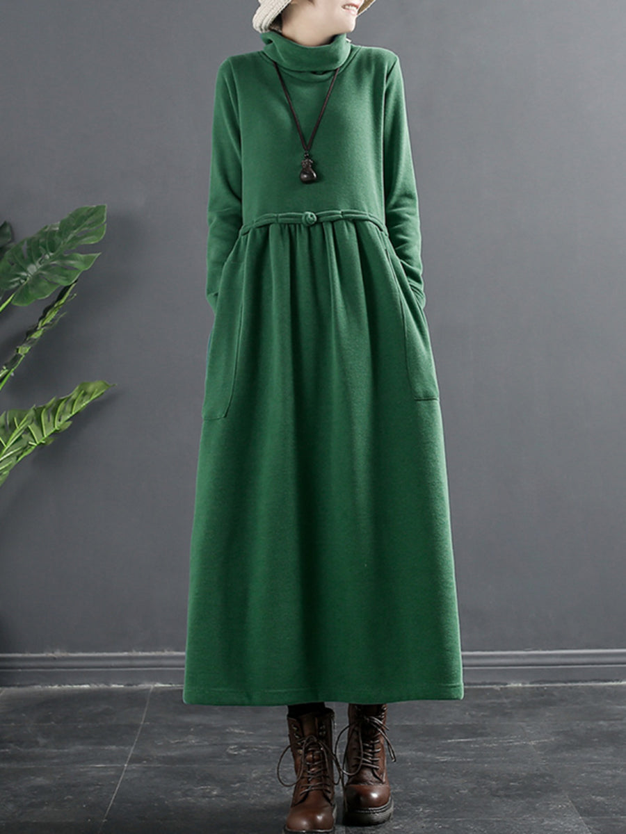Übergröße Damen Reine Farbe Rollkragen Drapiertes langes Kleid