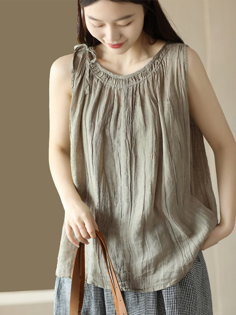 Übergröße Damen Retro Solid Loose Kordelzug Ramie Weste