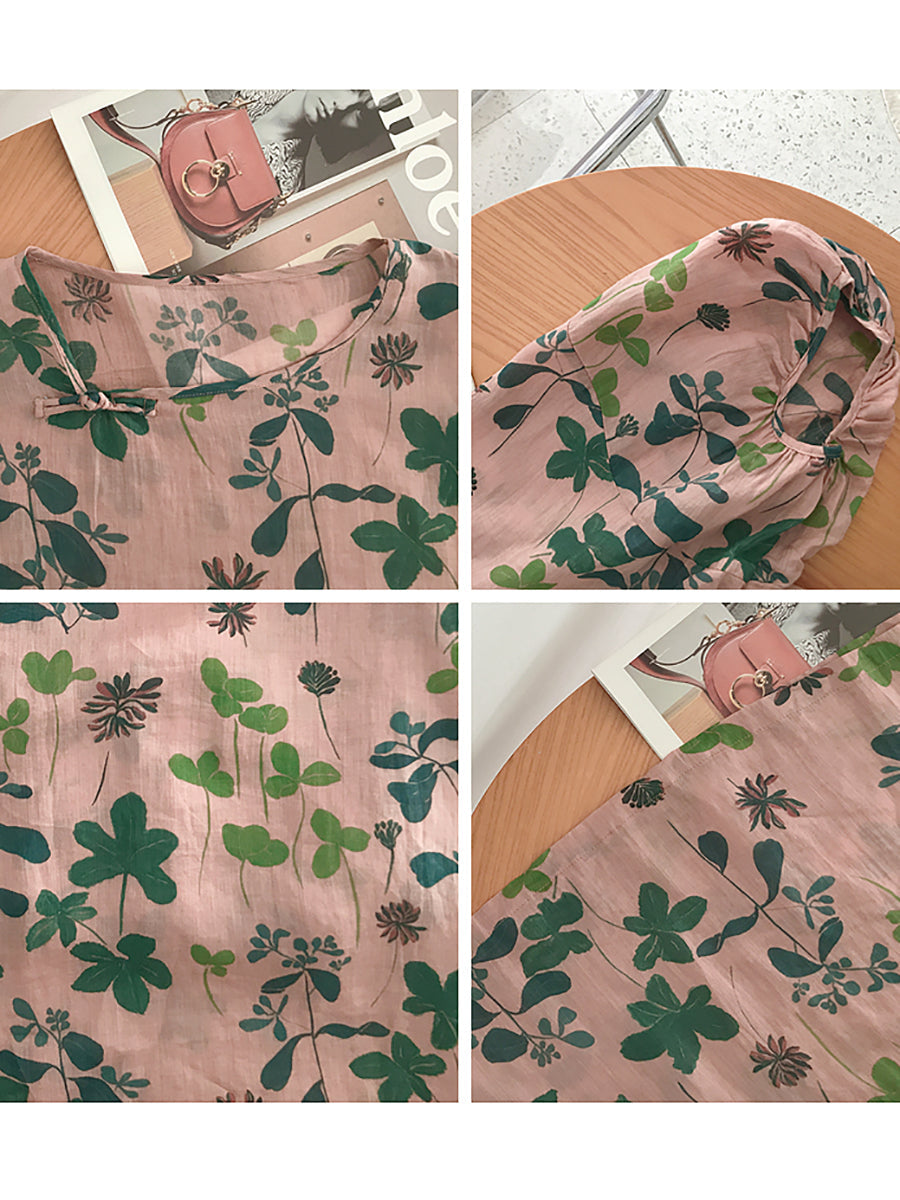 Übergröße Damen Sommer Artsy Flower Lockeres O-Ausschnitt Hemd