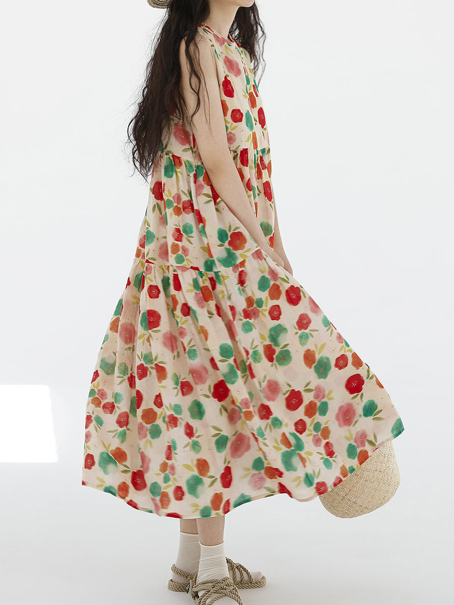 Plus Size Damen Sommer süßes Blumenmuster gespleißtes Falten-Westenkleid mit O-Ausschnitt