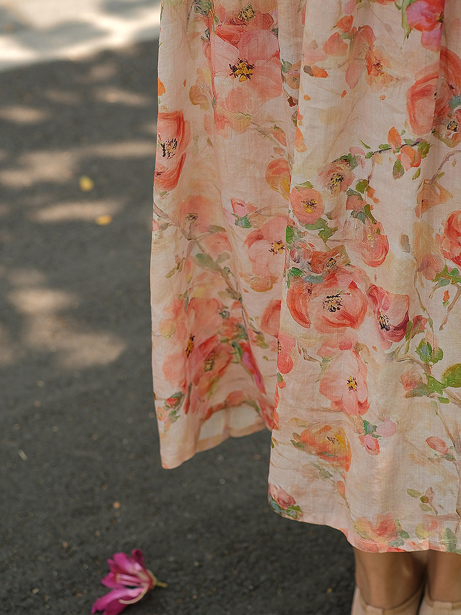 Übergröße Damen Vintage Sommer Blumen Knopf Lockeres Ramie Kleid